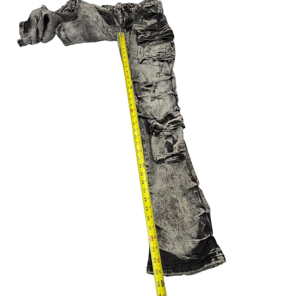 Smoke Rise Men's Stacked Flare Cargo Denim Jeans in Acid Washed Black - Picture 7 of 8
